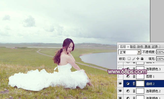 Photoshop照片调色教程 打造清新黄蓝色的草地美女婚纱照