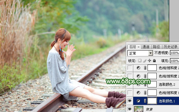 Photoshop打造淡调粉绿色坐在铁道上女孩照片 图6