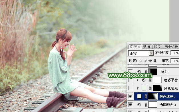 Photoshop打造淡调粉绿色坐在铁道上女孩照片 图25