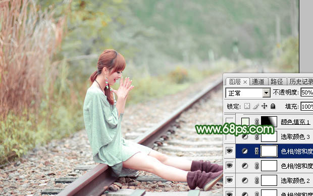 Photoshop打造淡调粉绿色坐在铁道上女孩照片 图19