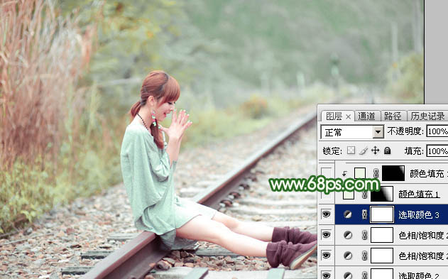 Photoshop打造淡调粉绿色坐在铁道上女孩照片 图24