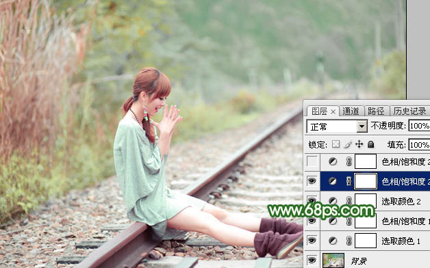 Photoshop打造淡调粉绿色坐在铁道上女孩照片 图18