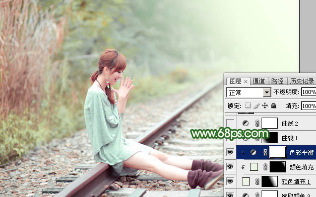Photoshop打造淡调粉绿色坐在铁道上女孩照片 图28