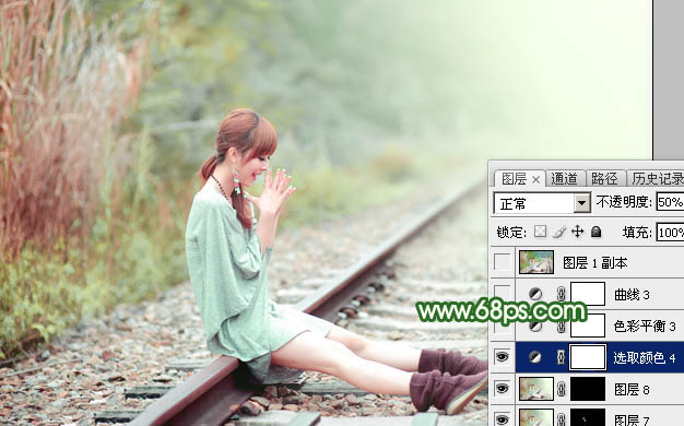 Photoshop打造淡调粉绿色坐在铁道上女孩照片 图38