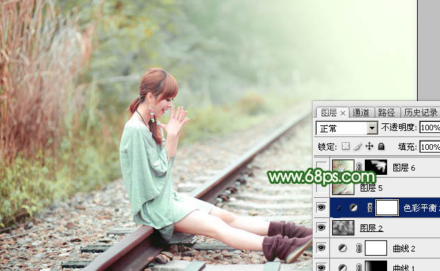 Photoshop打造淡调粉绿色坐在铁道上女孩照片 图36