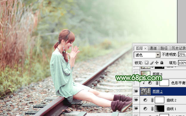 Photoshop打造淡调粉绿色坐在铁道上女孩照片 图33