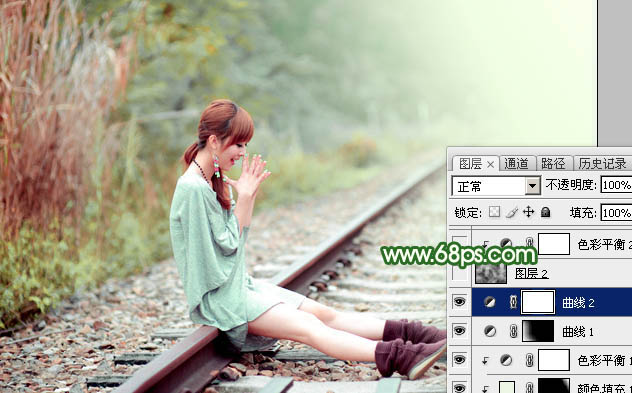 Photoshop打造淡调粉绿色坐在铁道上女孩照片 图32