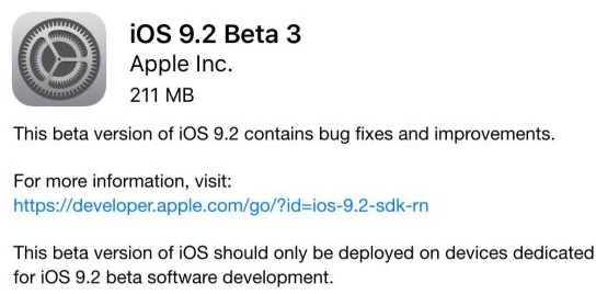 ios9.2Beta3升级固件下载及更新内容
