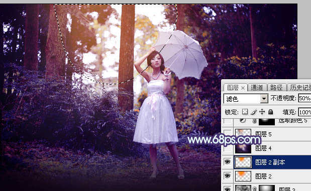 Photoshop影楼后期教程：打造透射阳光色树林美女照片 图30