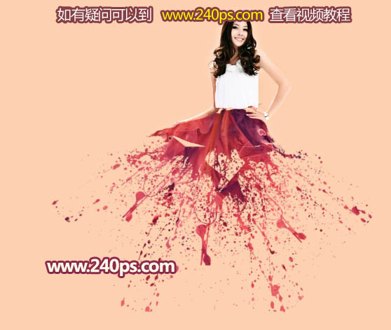 Photoshop打造时尚漂亮的美女喷溅红裙 图