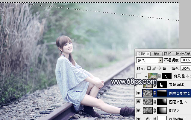 Photoshop打造淡调中性青绿色铁轨美女外景照片 图24