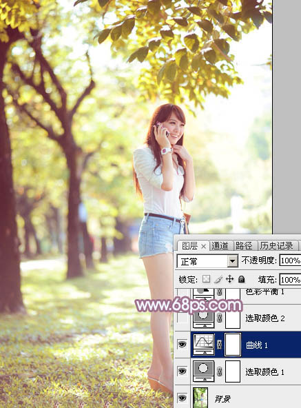 Photoshop调色教程 打造淡色蓝黄色公园美女图片 图3