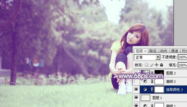 PS照片调色教程 打造柔和的绿紫色公园美女照片