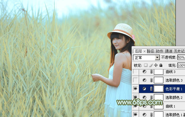 Photoshop照片调色教程 为外景美女添加柔和的青黄色效果 图18