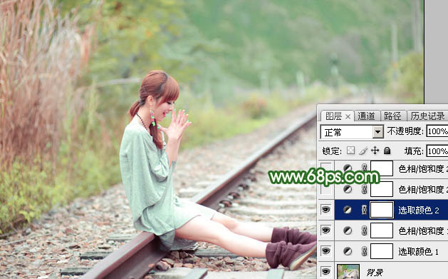 Photoshop打造淡调粉绿色坐在铁道上女孩照片 图16