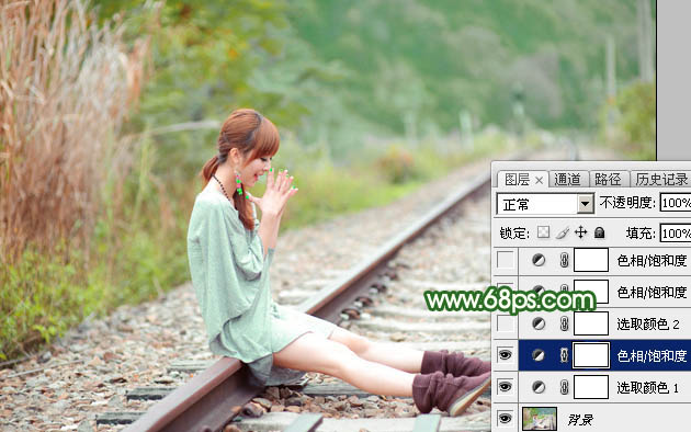 Photoshop打造淡调粉绿色坐在铁道上女孩照片 图11