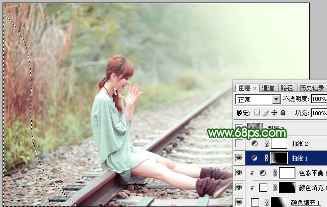 Photoshop打造淡调粉绿色坐在铁道上女孩照片 图30