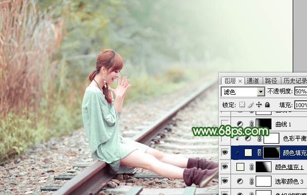 Photoshop打造淡调粉绿色坐在铁道上女孩照片 图26