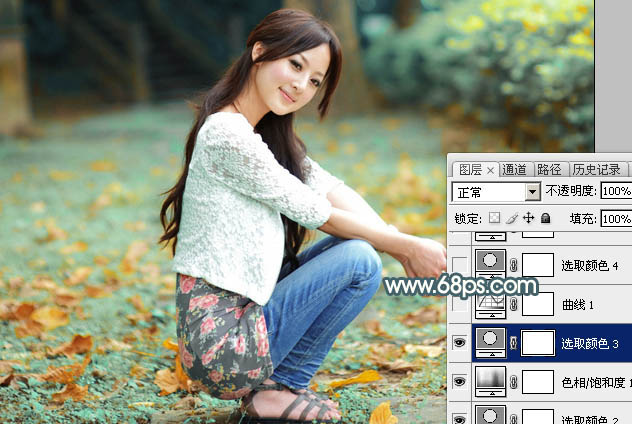 Photoshop调出甜美淡调青红色外景美女图片 图13