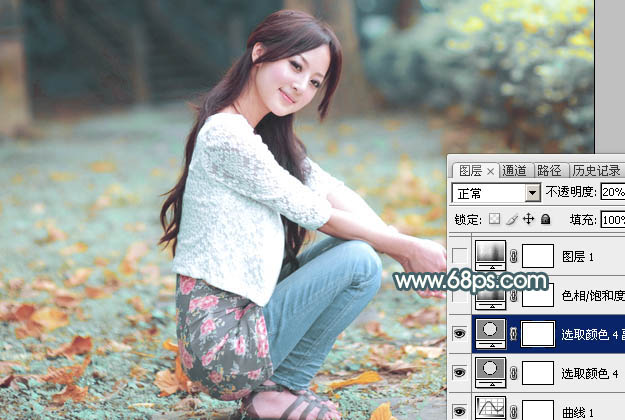 Photoshop调出甜美淡调青红色外景美女图片 图25