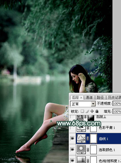 Photoshop打造梦幻青色调水边美女照片 图11