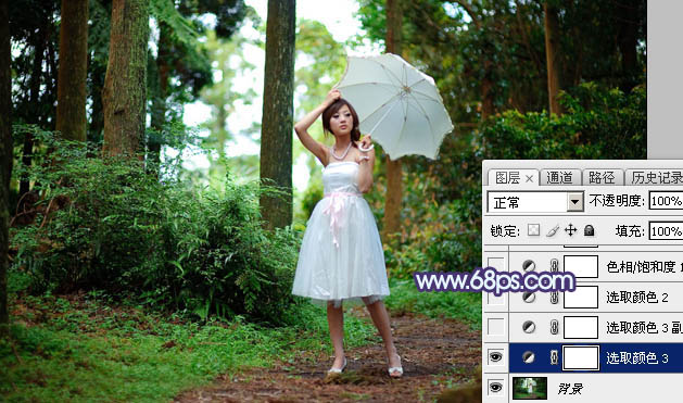 Photoshop影楼后期教程：打造透射阳光色树林美女照片 图3