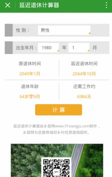 延迟退休计算器小程序界面