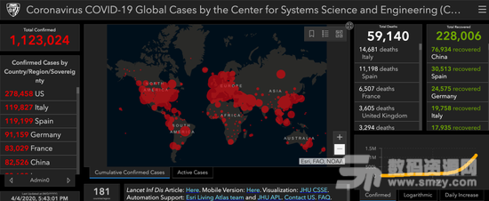 霍普金斯大学的全球疫情分布图（网站截屏）