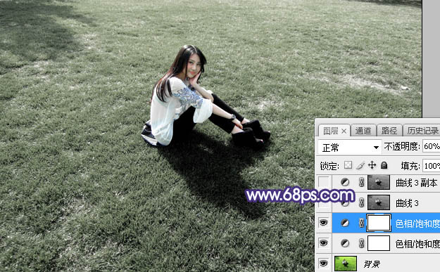 Photoshop打造小清新的中性淡蓝色草地人物图片