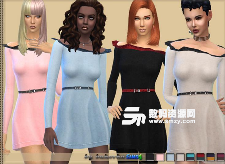 模拟人生4女士折边一字肩格子连衣裙MOD截图