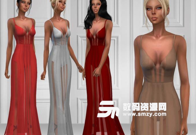 模拟人生4女士低胸竖条透长连衣裙礼服MOD