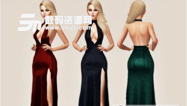 模拟人生4女士低胸全露背高开叉礼服长裙