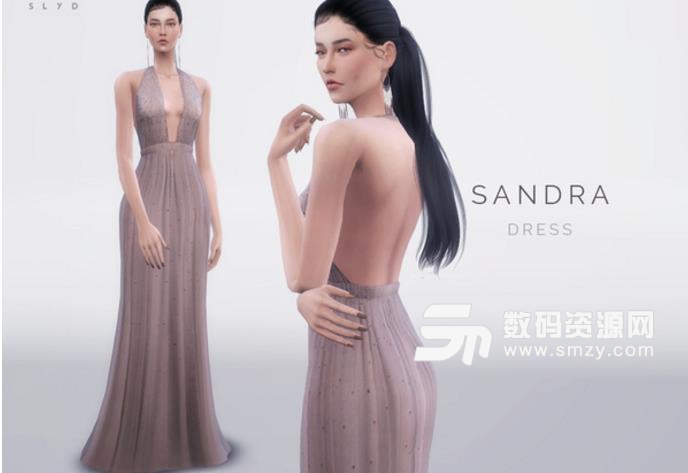 模拟人生4SANDRA女士低胸露背褶皱长裙礼服MOD