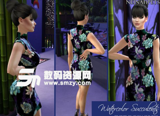 模拟人生4水墨画风格高领连衣裙MOD